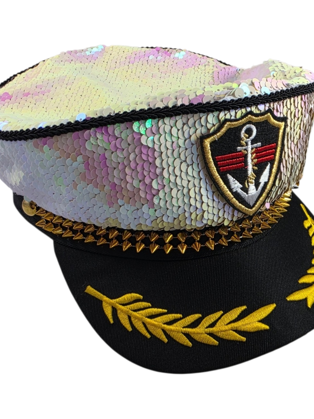 Sequin Captain’s Hat with Gold Embroidery/ White IRIDESCENT/ GOLD SEQUIN - Picture 4 of 5
